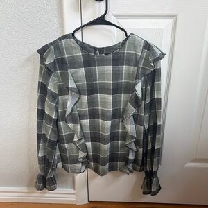 Rue21 Green and Black Plaid Ruffle Blouse